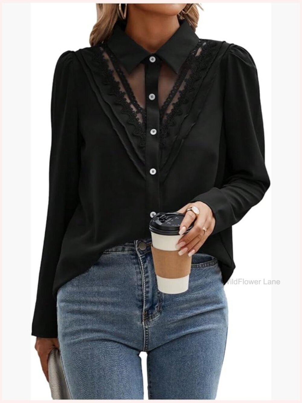 Long Sleeve Lace Button Down Blouse Mesh Collared Dressy Work Top